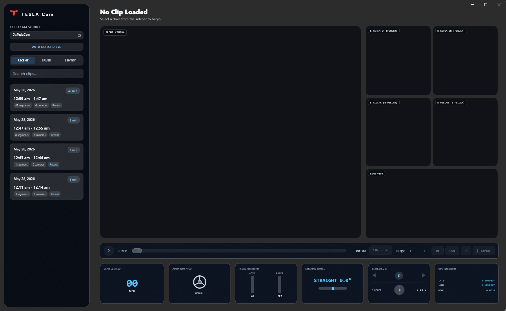 TESLA Cam drive library showing detected TeslaCam clips