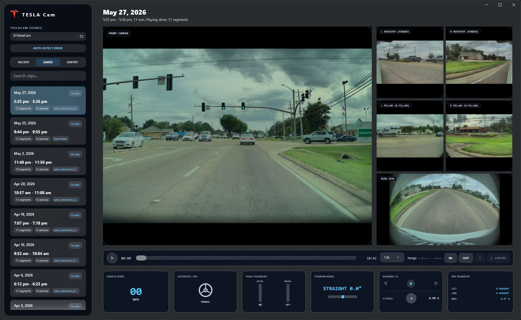 TESLA Cam playback dashboard showing daytime TeslaCam footage and telemetry cards