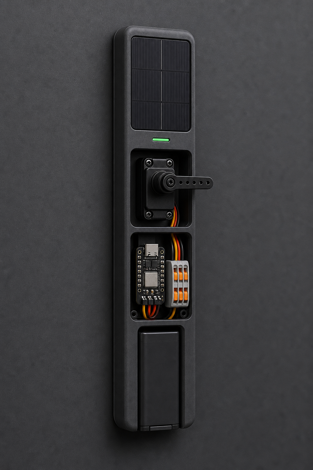 AI-generated 3D printed Phase 2 enclosure concept with rounded top, solar panel, bottom-inserting battery cartridge, service bay, connectors, and servo arm.